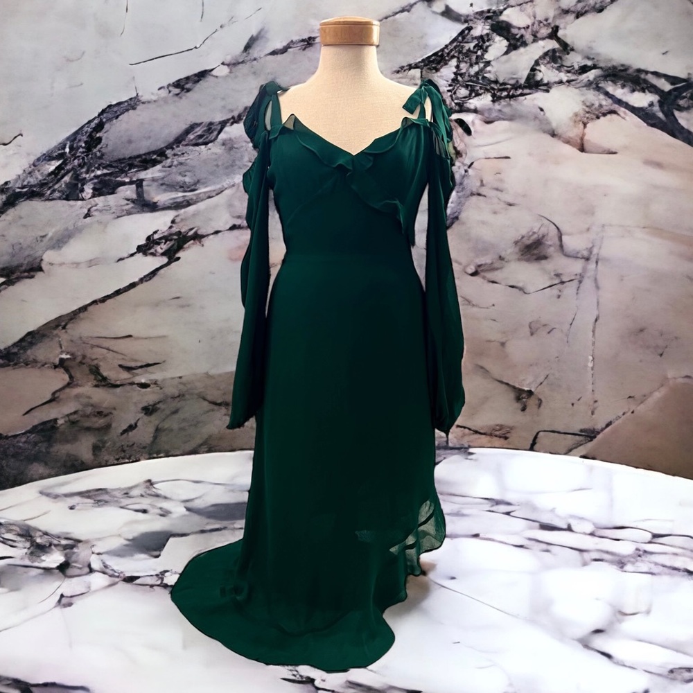 Reformation Breeze Off Shoulder Ruffled Midi Asymmetrical Dress Emerald Green